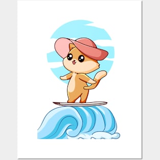 Funny Cat Beach Kawaii Cartoon Animals Posters and Art